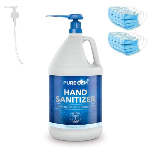  Pure Gem 1 Gallon Hand sanitizer,?70% Alcohol -? Pump Included - 10 Free Masks Included, Made in USA