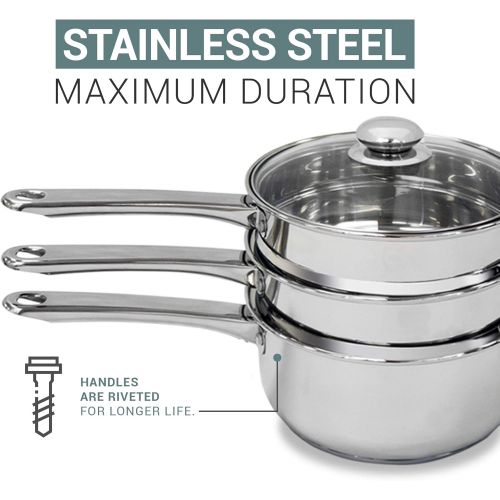  PURELIFE Double Boiler & Steam Pots for Chocolate and Fondue Melting Pot, Candle Making - Stainless Steel Steamer with Tempered Glass Lid for Clear View while Cooking, Dishwasher & Oven Saf