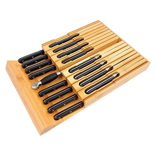  PURENJOY In-Drawer Bamboo Knife Block Holds for 16 Knives(Not Included) and Knife Sharpener, Knife Organizer Drawer Insert for Kitchen Cooking/Chef Skills, Saves Kitchen Counter Space