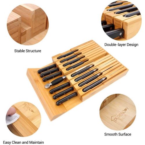  PURENJOY In-Drawer Bamboo Knife Block Holds for 16 Knives(Not Included) and Knife Sharpener, Knife Organizer Drawer Insert for Kitchen Cooking/Chef Skills, Saves Kitchen Counter Space