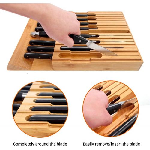  PURENJOY In-Drawer Bamboo Knife Block Holds for 16 Knives(Not Included) and Knife Sharpener, Knife Organizer Drawer Insert for Kitchen Cooking/Chef Skills, Saves Kitchen Counter Space