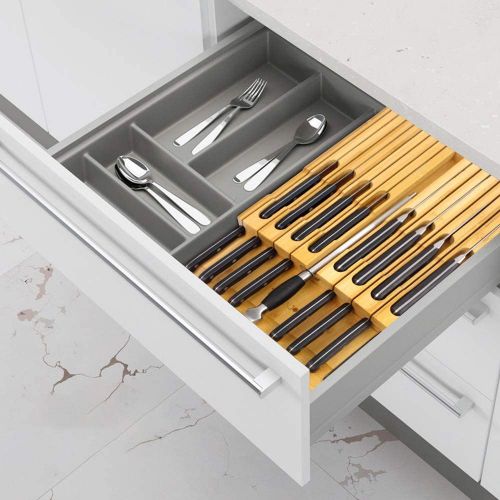  PURENJOY In-Drawer Bamboo Knife Block Holds for 16 Knives(Not Included) and Knife Sharpener, Knife Organizer Drawer Insert for Kitchen Cooking/Chef Skills, Saves Kitchen Counter Space