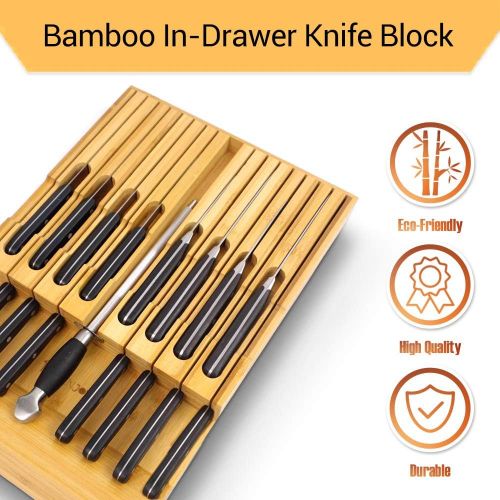  PURENJOY In-Drawer Bamboo Knife Block Holds for 16 Knives(Not Included) and Knife Sharpener, Knife Organizer Drawer Insert for Kitchen Cooking/Chef Skills, Saves Kitchen Counter Space