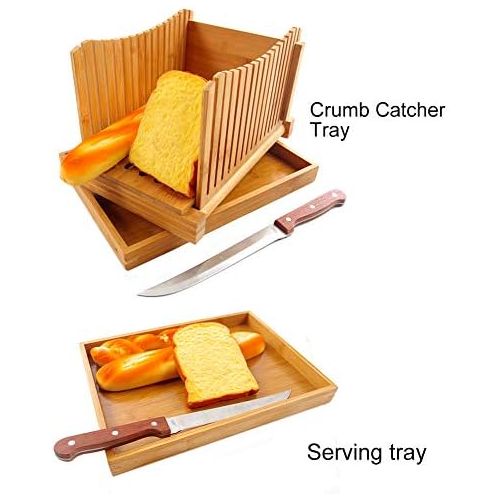  [아마존베스트]PURENJOY Foldable Bamboo Wood Bread Slicer, Compact, Thick, Adjustable Bread Cutter with Crumb Catcher Tray for Homemade Bread, Loaf Cake and Bagels (Original, 12.5 x 8.5 x 1.6 inches)