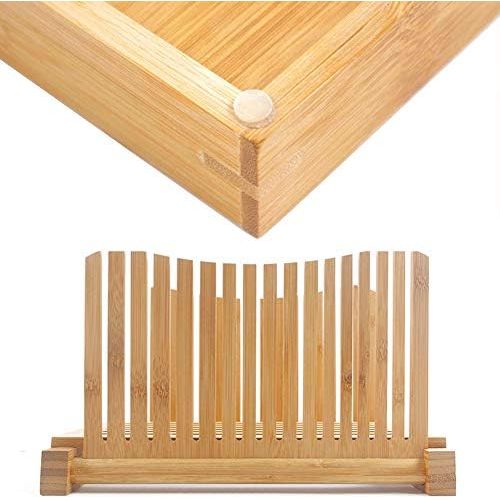  [아마존베스트]PURENJOY Foldable Bamboo Wood Bread Slicer, Compact, Thick, Adjustable Bread Cutter with Crumb Catcher Tray for Homemade Bread, Loaf Cake and Bagels (Original, 12.5 x 8.5 x 1.6 inches)