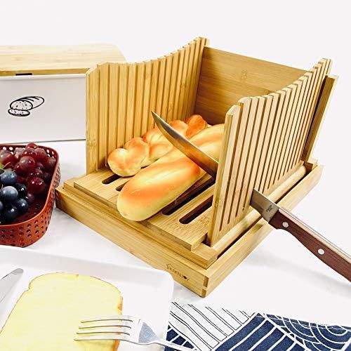  [아마존베스트]PURENJOY Foldable Bamboo Wood Bread Slicer, Compact, Thick, Adjustable Bread Cutter with Crumb Catcher Tray for Homemade Bread, Loaf Cake and Bagels (Original, 12.5 x 8.5 x 1.6 inches)