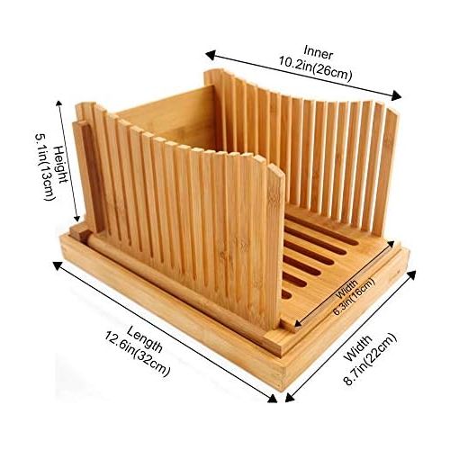  [아마존베스트]PURENJOY Foldable Bamboo Wood Bread Slicer, Compact, Thick, Adjustable Bread Cutter with Crumb Catcher Tray for Homemade Bread, Loaf Cake and Bagels (Original, 12.5 x 8.5 x 1.6 inches)