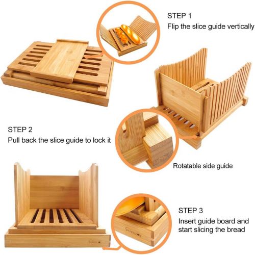  [아마존베스트]PURENJOY Foldable Bamboo Wood Bread Slicer, Compact, Thick, Adjustable Bread Cutter with Crumb Catcher Tray for Homemade Bread, Loaf Cake and Bagels (Original, 12.5 x 8.5 x 1.6 inches)