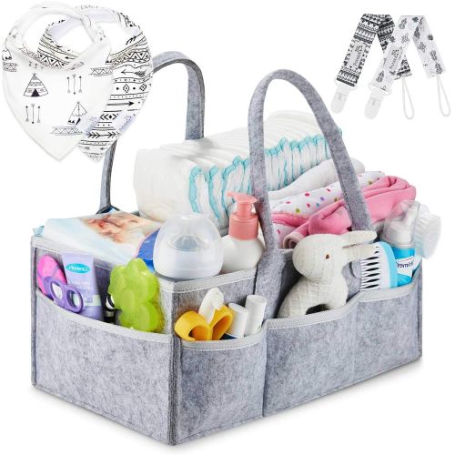  PUTSKA Putska Baby Diaper Caddy Organizer: Portable Holder Bag for Changing Table and Car, Nursery Essentials Storage bins gifts with 2 Pacifier Clips, 2 Bibs