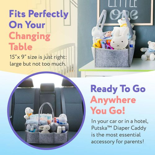  PUTSKA Putska Baby Diaper Caddy Organizer: Portable Holder Bag for Changing Table and Car, Nursery Essentials Storage bins gifts with 2 Pacifier Clips, 2 Bibs