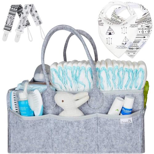  PUTSKA Putska Baby Diaper Caddy Organizer: Portable Holder Bag for Changing Table and Car, Nursery Essentials Storage bins gifts with 2 Pacifier Clips, 2 Bibs