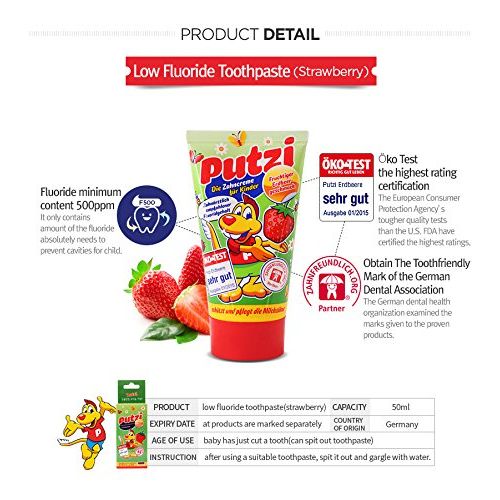  PUTZI babies Kids Children Low Fluoride Toothpaste 50ml 5ea (Calcium-added mixberry 2ea + Strawberry...