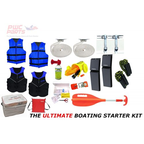  PWC Parts Co PWC Parts Ultimate Boating Starter Kit for All Boats w/Neoprene Life Jackets, Nyon Vests, Throw Cushion, 4X Dock Lines, Horn, Whistle, Contour Fenders, Gear Bag, First Aid Kit, Pad