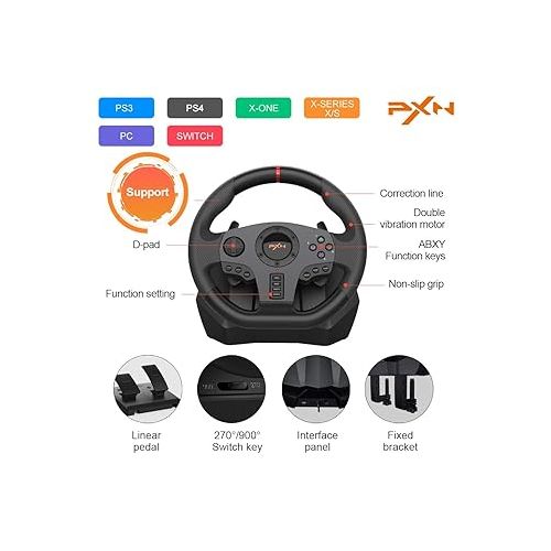  PXN V900 Steering Wheel Gaming - 270/900° Sim Xbox Racing Wheel with Pedals Paddle Shifter Vibration Feedback Wheel for Xbox One, Xbox Series S/X, PC, PS3, PS4, Switch, Android TV