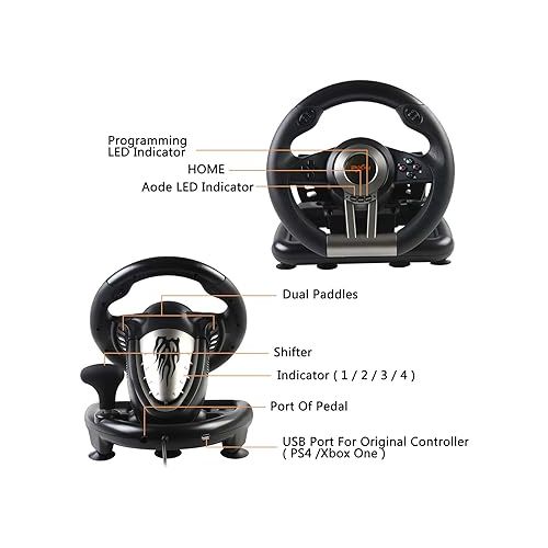  Game Racing Wheel PXN-V3II 180°Competition Driving Wheel USB Car Sim,Race Steering Wheel with Pedals and Shifter,PC Steering Wheel for PS4, PS3, Xbox One, Xbox Series X|S -Black