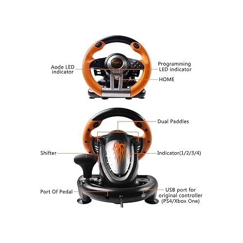  Game Racing Wheel, PXN-V3II 180° Competition Racing Steering Wheel with Universal USB Port and with Pedal, Suitable for PC, Xbox Series X|S, Xbox One PS3, PS4, Nintendo Switch - Orange