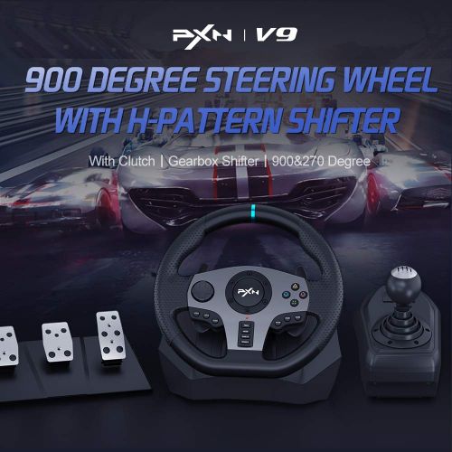  PC Steering Wheel, PXN V9 Universal Usb Car Sim 270/900 Degree Race Steering Wheel with 3-Pedals and Shifter Bundle for Xbox One,Xbox Series X/S,PS4,PS3, Nintendo Switch