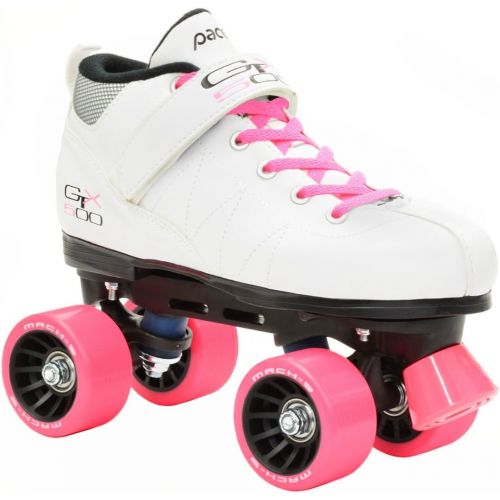  Pacer Mach-5 GTX500 White Quad Roller Skates w/ 2 Pair of Laces (Pink & White)
