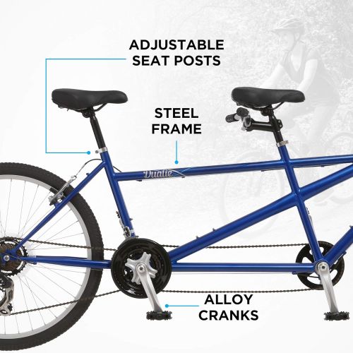  Pacific Dualie Adult Tandem Bike, 26-Inch Wheels, 2-Seater, 21-Speed, Linear Pull Brakes, Blue