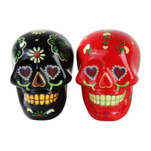  Pacific Trading 1 X Day of Dead Sugar Black & Red Skulls Salt & Pepper Shakers Set- Skulls Collection