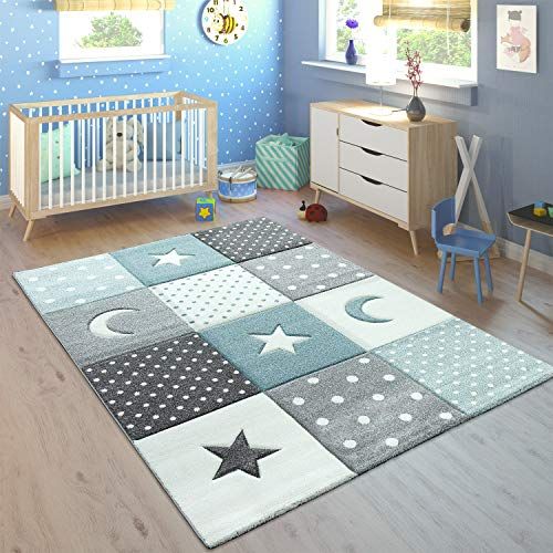  [아마존베스트]Paco Home Kids Rug Pastel Colors Checked Dots Moons Stars White Grey Blue, Size: 28 x 411