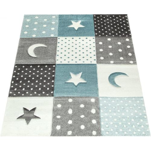  [아마존베스트]Paco Home Kids Rug Pastel Colors Checked Dots Moons Stars White Grey Blue, Size: 28 x 411