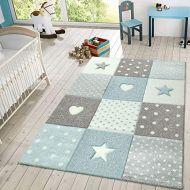 [아마존베스트]Paco Home Kids Rug Checkered Patterned with Dots Hearts and Stars in Pastel Colors Area Rug for Childrens Room, Size:28 x 411, Colour:Blue