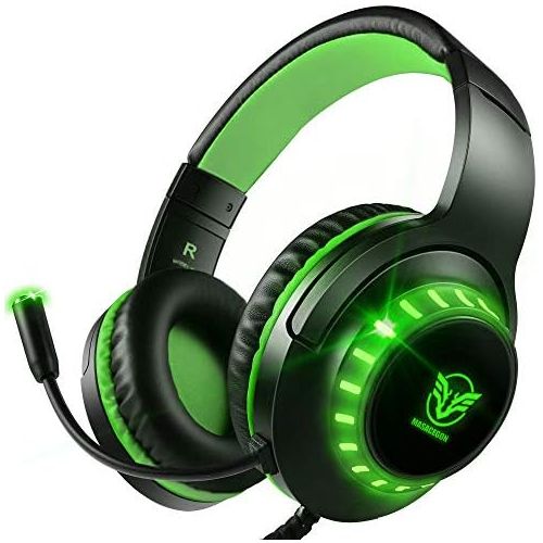  [아마존베스트]Pacrate Pro Gaming Headset for PS4 Xbox One Noise Reducing Over-Ear Headphones Crystal Stereo Sound with Intense Bass & LED Lighting & Sensitive Microphone for PC Laptop Mac, Black Green