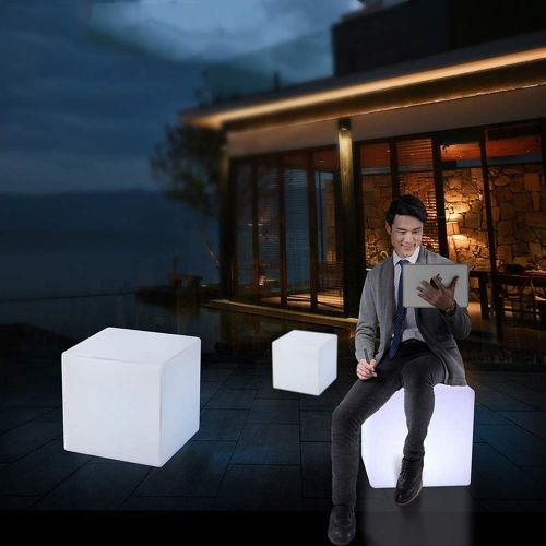  Paddia LED Waterproof Cube Light Stool Colour Changing Mood Lamp Outdoor Garden Party Bar Furniture Seat Chair Table Floor Adjustable RGB Rechargeable Battery Remote Control (Size