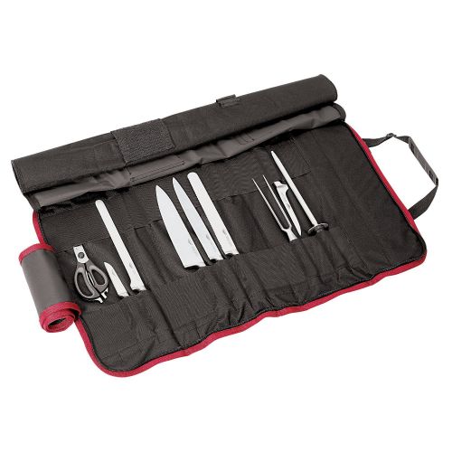  Paderno World Cuisine 9 Piece Cutlery Roll bag with one each Chefs Knife, Slicing Knife, Ham Knife, Boning Knife, Paring Knife, Bread Knive, Chefs Fork, Sharpening Steel and Kitche