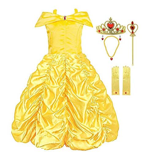  Padete Little Girls Princess Yellow Party Costume Off Shoulder Dress with Accessories