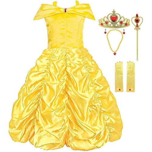  Padete Little Girls Princess Yellow Party Costume Off Shoulder Dress with Accessories