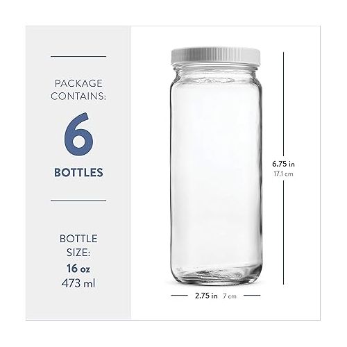  Paksh Novelty Travel Glass Drinking Bottle Mason Jar 16 Ounce [6-Pack] Plastic Airtight Lids, Reusable Glass Water Bottle for Juicing, Smoothies, Kombucha, Tea, Milk Bottles, Homemade Beverages Bottle