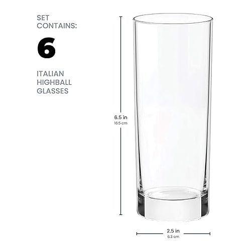  Paksh Novelty Italian Highball Glasses [Set of 6] Clear Heavy Base Tall Bar Glass - Drinking Glasses for Water, Juice, Beer, Wine, Whiskey, and Cocktails | 13-Ounce Cups