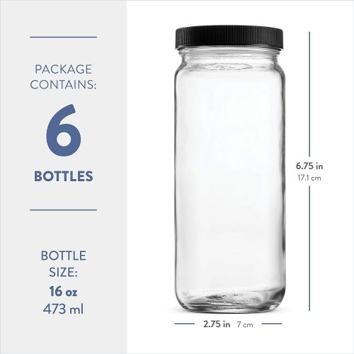  [아마존베스트]Paksh Novelty Travel Glass Drinking Bottle Mason Jar 16 Ounce [6-Pack] Plastic Airtight Lids, Reusable Glass Water Bottle for Juicing, Smoothies, Kombucha, Tea, Milk Bottles, Homemade Beverages