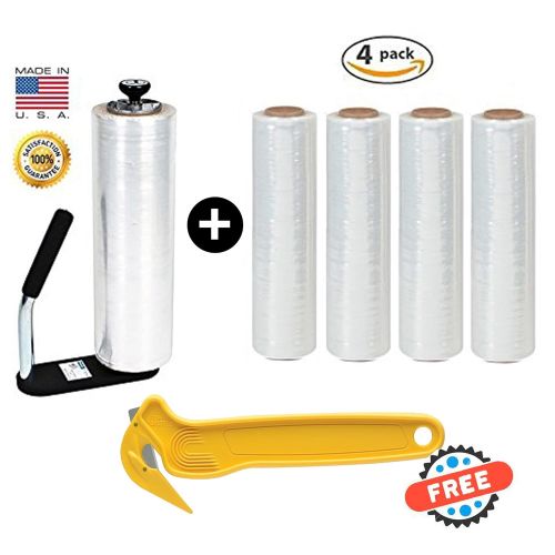  PalPakUSA Clear Plastic Shrink Film, Industrial Strength Moving & Packing Wrap, 4 Pack 18 x 1500 Ft Rolls with Best Selling Stretch Film Dispenser with Tension Knob Adjustment for Furniture,