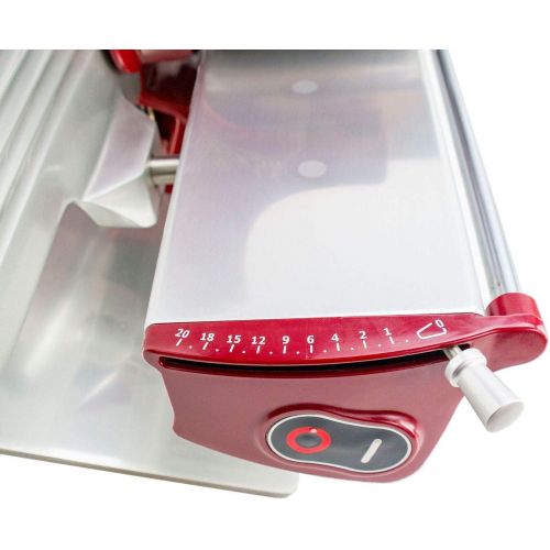  Palatina Werkstatt  Bundle | Berkel - Elektrische Aufschnittmaschine Home Line 250 - Rot, Modell: 2020 + von Hand gefertigtes, passgenaues Fassholzbrett