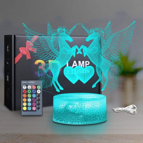  [아마존베스트]Palawell Unicorn 3D Night Light for Girls Birthday Gift-16 Changing Color Remote Control LED Kids Room Decor Lighting, 3D Led Illusion Lamp Kids Light with Charger …