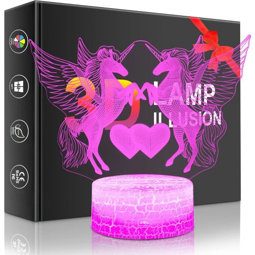  [아마존베스트]Palawell Unicorn 3D Night Light for Girls Birthday Gift-16 Changing Color Remote Control LED Kids Room Decor Lighting, 3D Led Illusion Lamp Kids Light with Charger …
