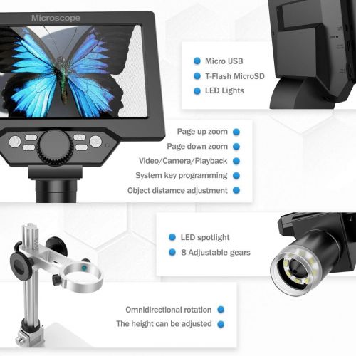  PalliPartners LCD Digital Microscope,7 inch 1X-1200X Magnification Zoom HD 1080P 12 Megapixels Compound 3000 mAh Battery USB Microscope 8 Adjustable LED Light Video Camera Microsco