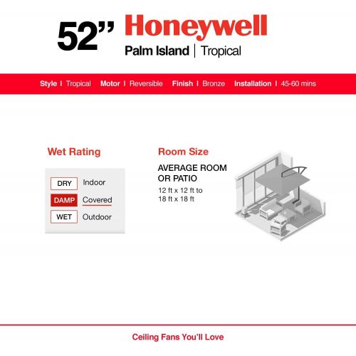  [아마존베스트]Honeywell Ceiling Fans Honeywell Palm Island 52-Inch Tropical Ceiling Fan, Five Palm Leaf Blades, Indoor/Outdoor, Damp Rated, Bronze