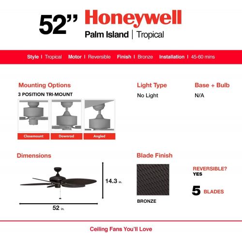  [아마존베스트]Honeywell Ceiling Fans Honeywell Palm Island 52-Inch Tropical Ceiling Fan, Five Palm Leaf Blades, Indoor/Outdoor, Damp Rated, Bronze