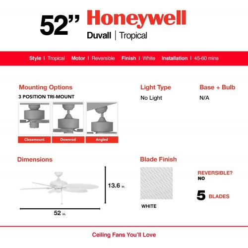  Palm Coast Fans Honeywell Duval 52-Inch Tropical Ceiling Fan, Five Wet-Rated Wicker Blades, Indoor/Outdoor Damp Rated Fan, White