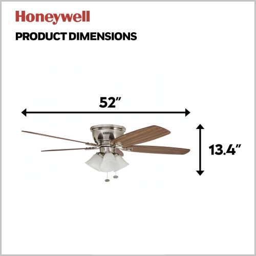  Palm Coast Fans Honeywell 50182 Quick-2-Hang Hugger Ceiling Fan, 52” Dimmable LED White Swirled Marble Fixtures, Easy Installation Cimmeron/Walnut Blades, Brushed Nickel