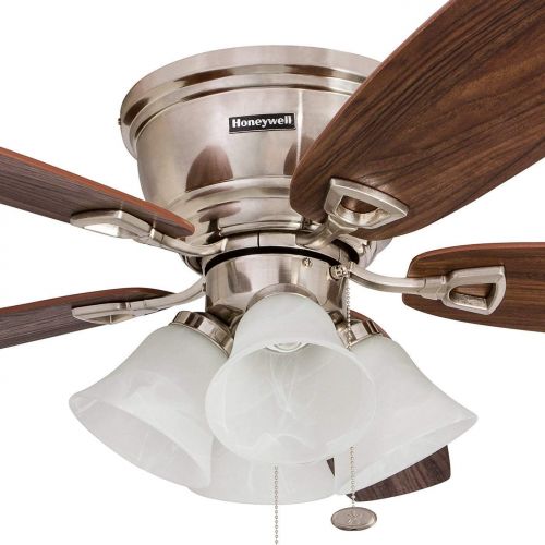  Palm Coast Fans Honeywell 50182 Quick-2-Hang Hugger Ceiling Fan, 52” Dimmable LED White Swirled Marble Fixtures, Easy Installation Cimmeron/Walnut Blades, Brushed Nickel