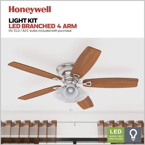  Palm Coast Fans Honeywell 50182 Quick-2-Hang Hugger Ceiling Fan, 52” Dimmable LED White Swirled Marble Fixtures, Easy Installation Cimmeron/Walnut Blades, Brushed Nickel