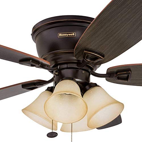  Palm Coast Fans Honeywell Glen Alden 52-Inch Ceiling Fan with Sunset Shade Lights, Hugger/Flush Mount, Low Profile, Five Reversible Cimarron/Ironwood Blades, Oil-Rubbed Bronze