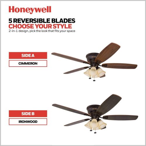  Palm Coast Fans Honeywell Glen Alden 52-Inch Ceiling Fan with Sunset Shade Lights, Hugger/Flush Mount, Low Profile, Five Reversible Cimarron/Ironwood Blades, Oil-Rubbed Bronze