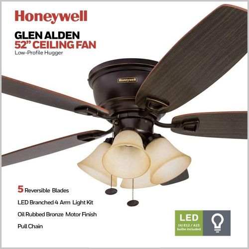  Palm Coast Fans Honeywell Glen Alden 52-Inch Ceiling Fan with Sunset Shade Lights, Hugger/Flush Mount, Low Profile, Five Reversible Cimarron/Ironwood Blades, Oil-Rubbed Bronze
