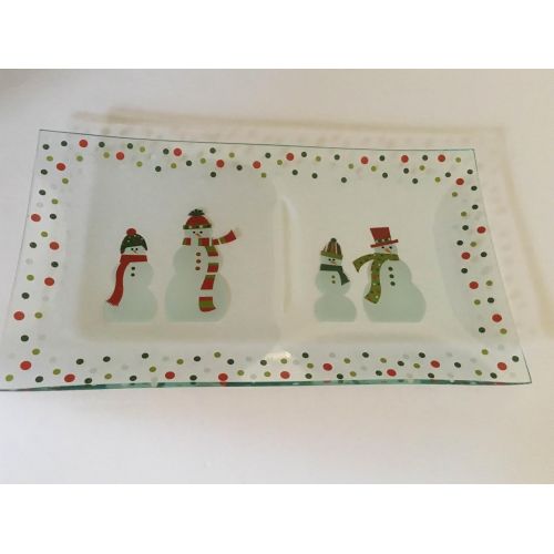  Holiday Candy Dish Serving Platter Snowmen Divided Glass Christmas Tableware Dessert Plate Snowman Appetizer Plate Pampered Chef